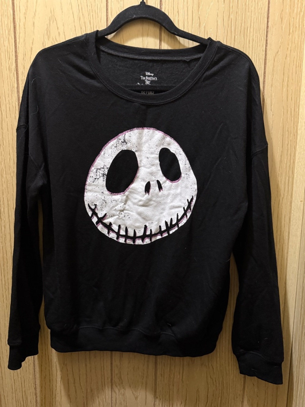Disney Jack Skellington Face Black Sweatshirt with White and Pink Accents